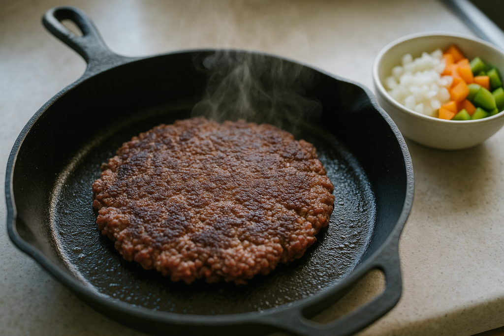 Ground beef browning in a skillet with dark crust forming on one side