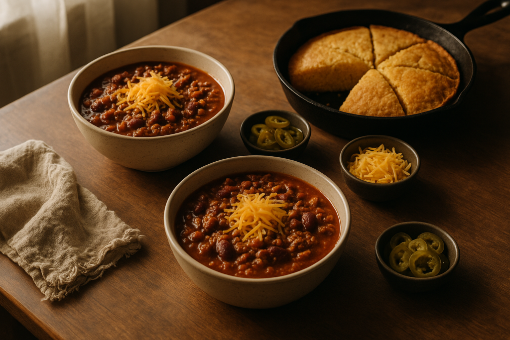 Bowls of chili served with cornbread wedges, jalapenos and shredded cheese