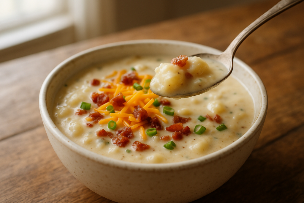 Bowl of creamy potato soup with cheddar, bacon and scallions on a wooden table