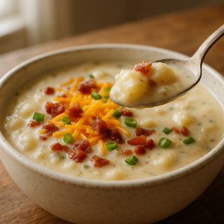 Bowl of creamy potato soup with cheddar, bacon and scallions on a wooden table