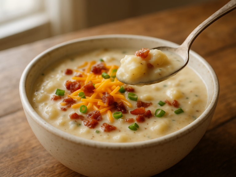 Bowl of creamy potato soup with cheddar, bacon and scallions on a wooden table