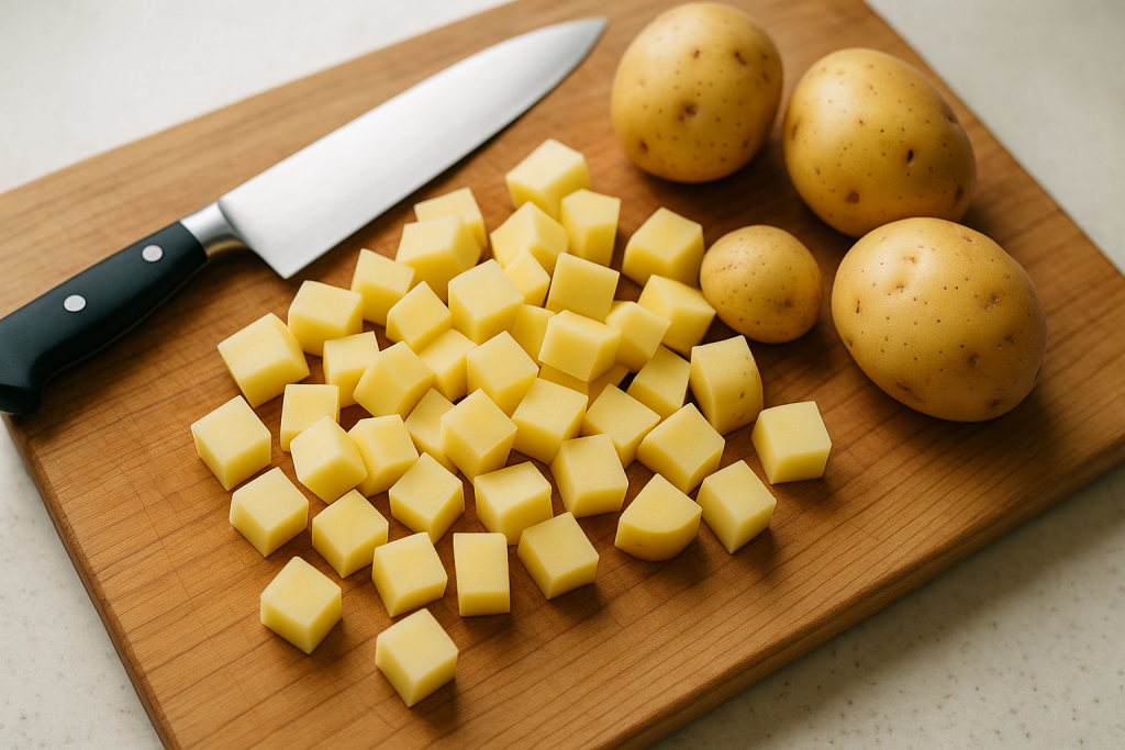Peeled Yukon Gold potatoes cut into even cubes on a cutting board