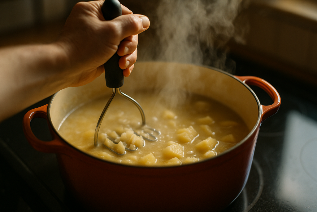 Potato masher pressed into a pot of simmering potato soup with visible chunks