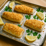 Four baked cod fillets with golden cracker topping on a sheet pan with lemon wedges
