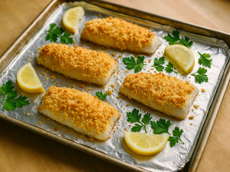Four baked cod fillets with golden cracker topping on a sheet pan with lemon wedges