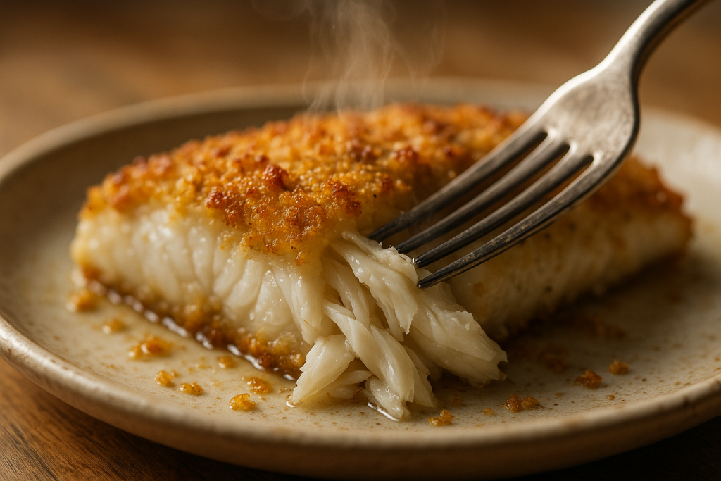 Fork separating the large moist flakes of a baked cod fillet under its crumb crust
