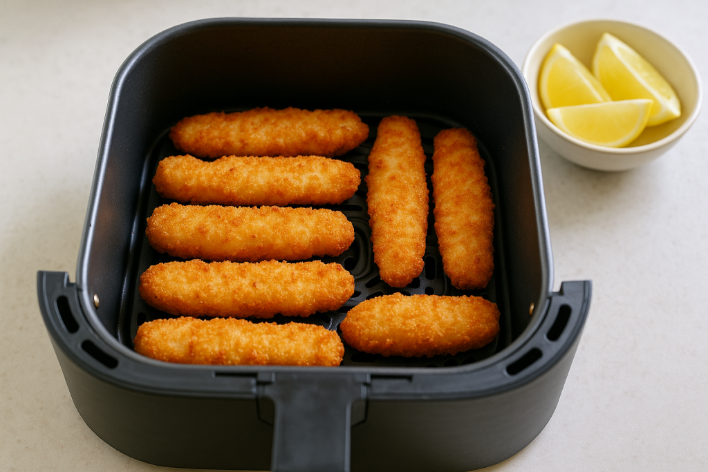 Breaded cod strips arranged in a single layer inside an air fryer basket