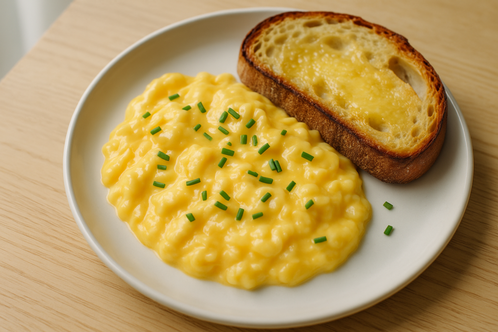 Soft fluffy scrambled eggs on a white plate with buttered toast and chives
