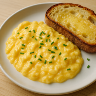 Soft fluffy scrambled eggs on a white plate with buttered toast and chives