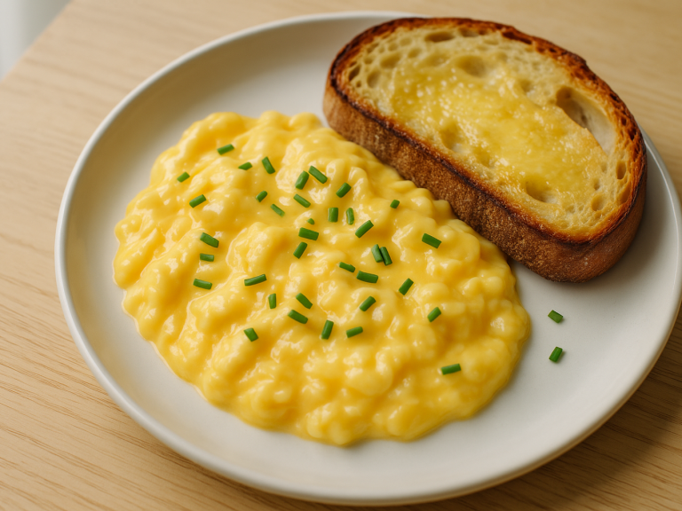 Soft fluffy scrambled eggs on a white plate with buttered toast and chives