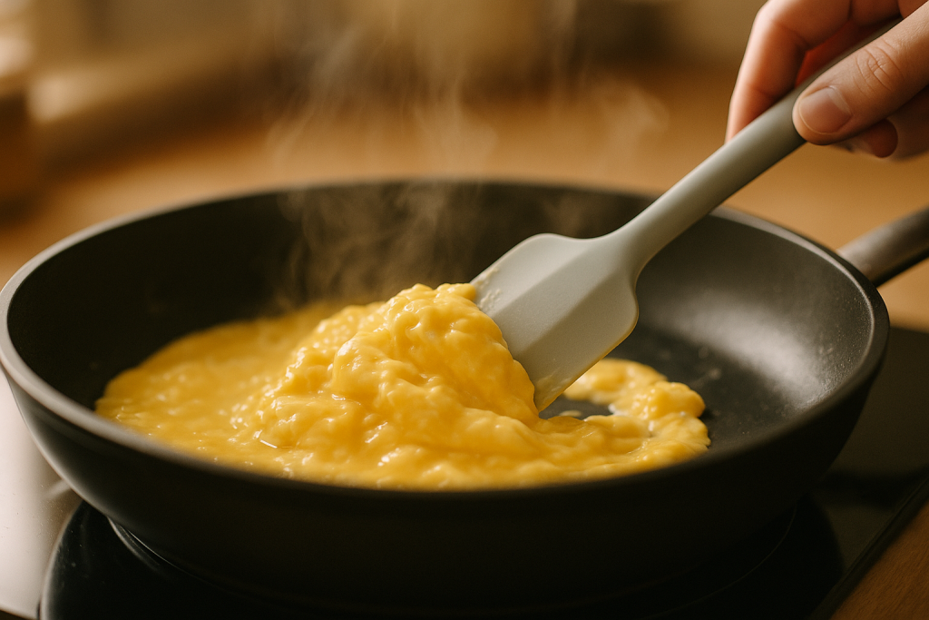 Soft egg curds being folded in a nonstick skillet with a silicone spatula