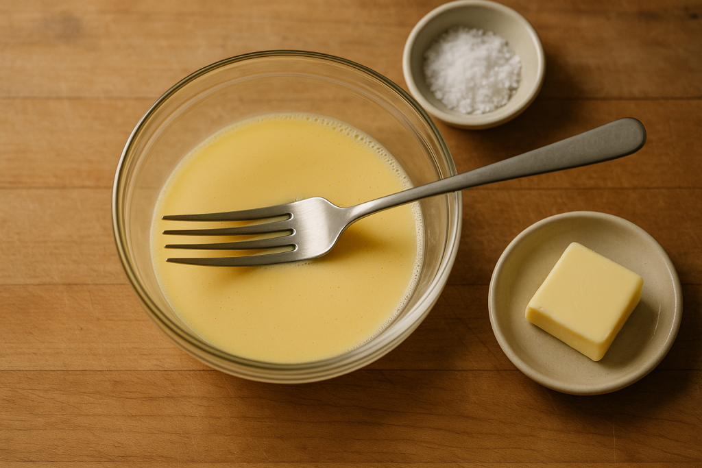 Evenly whisked eggs in a glass bowl next to salt and a pat of butter