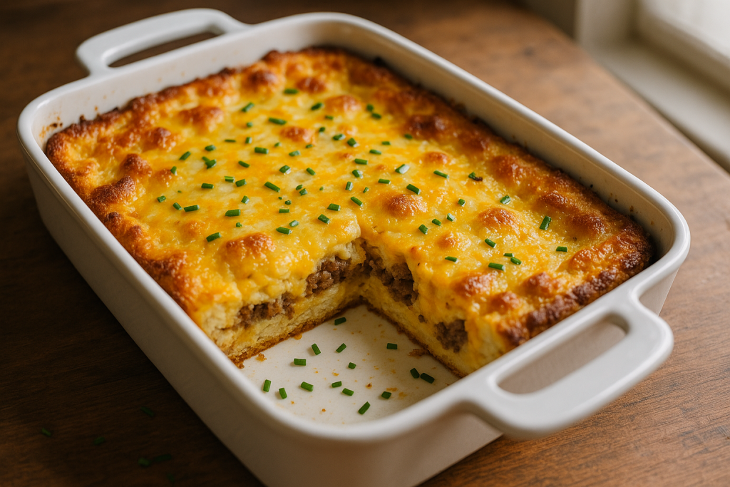 Baked overnight breakfast casserole in a white dish with one slice removed