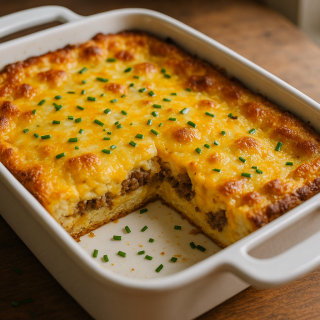 Baked overnight breakfast casserole in a white dish with one slice removed