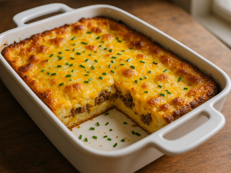 Baked overnight breakfast casserole in a white dish with one slice removed