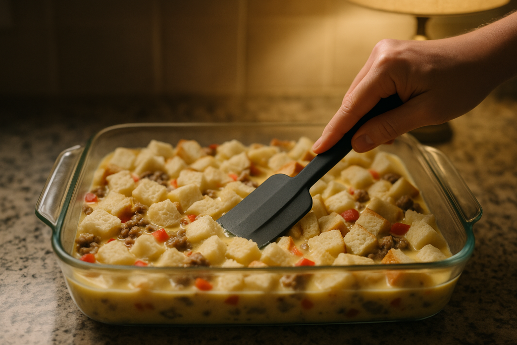 Hand pressing bread cubes into egg custard in an unbaked casserole dish