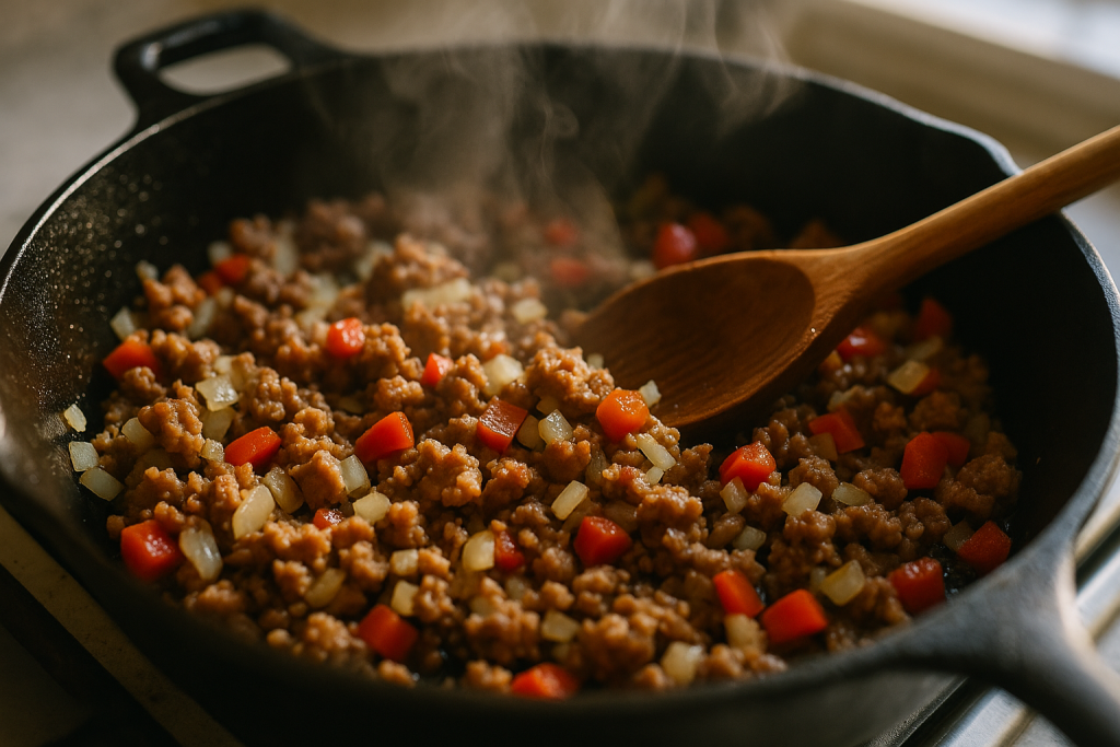Browned sausage cooking with diced onion and red bell pepper in a skillet