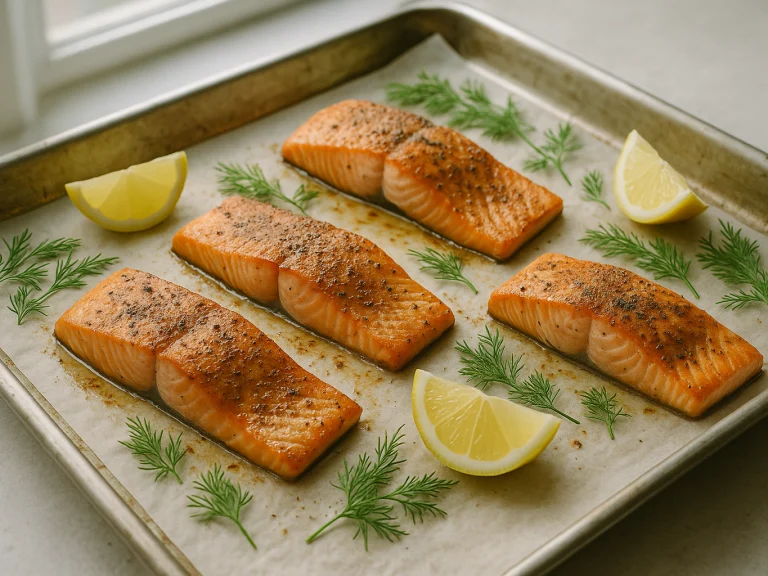 Four baked salmon fillets on a parchment-lined sheet pan with lemon wedges and dill