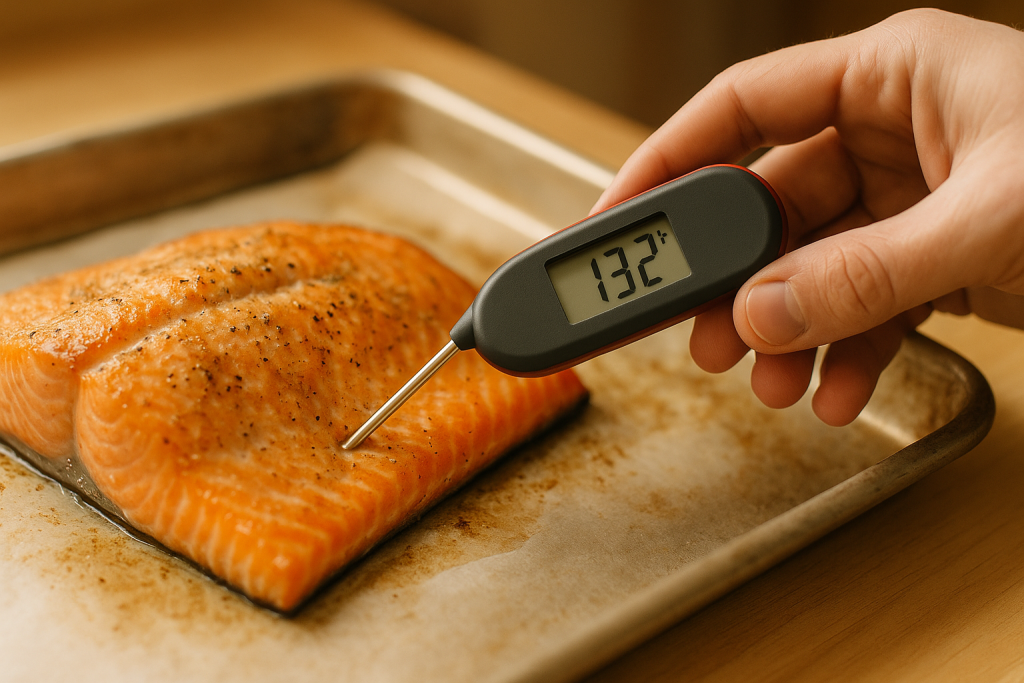 Thermometer probe inserted sideways into the thickest part of a salmon fillet