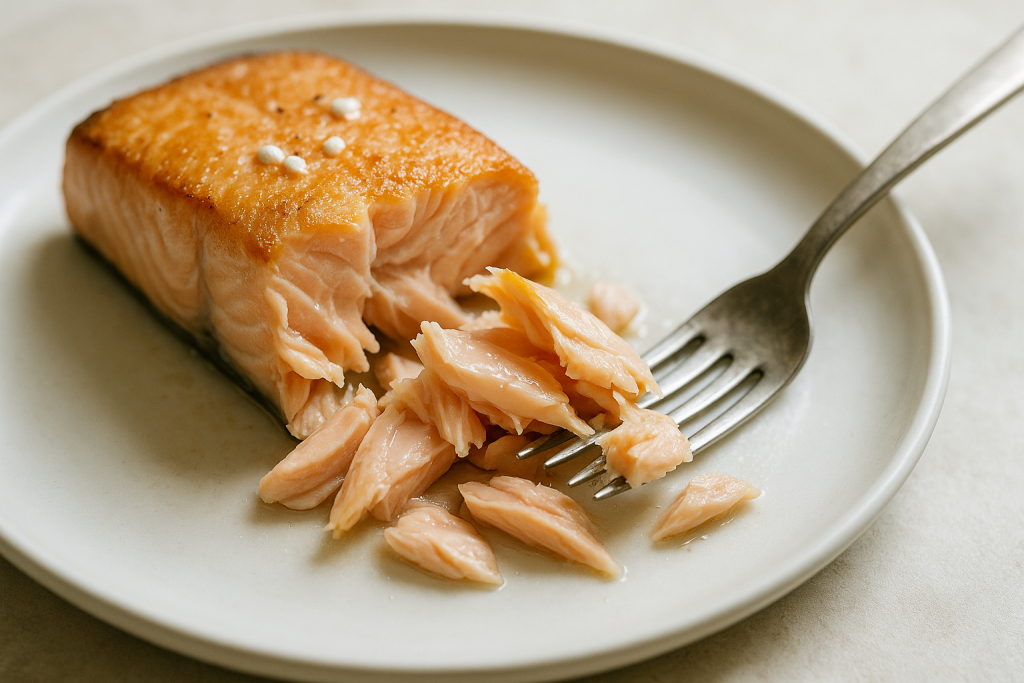 Baked salmon fillet flaked open showing a moist, barely translucent center