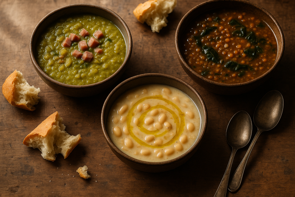 Three bowls of soup on a wooden table: split pea, lentil and white bean