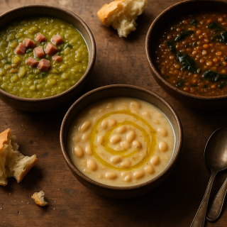 Three bowls of soup on a wooden table: split pea, lentil and white bean
