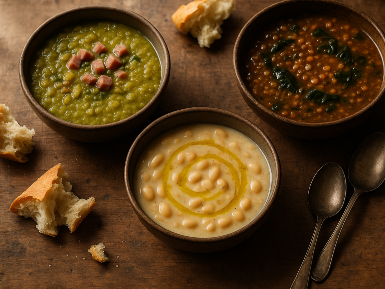 Three bowls of soup on a wooden table: split pea, lentil and white bean