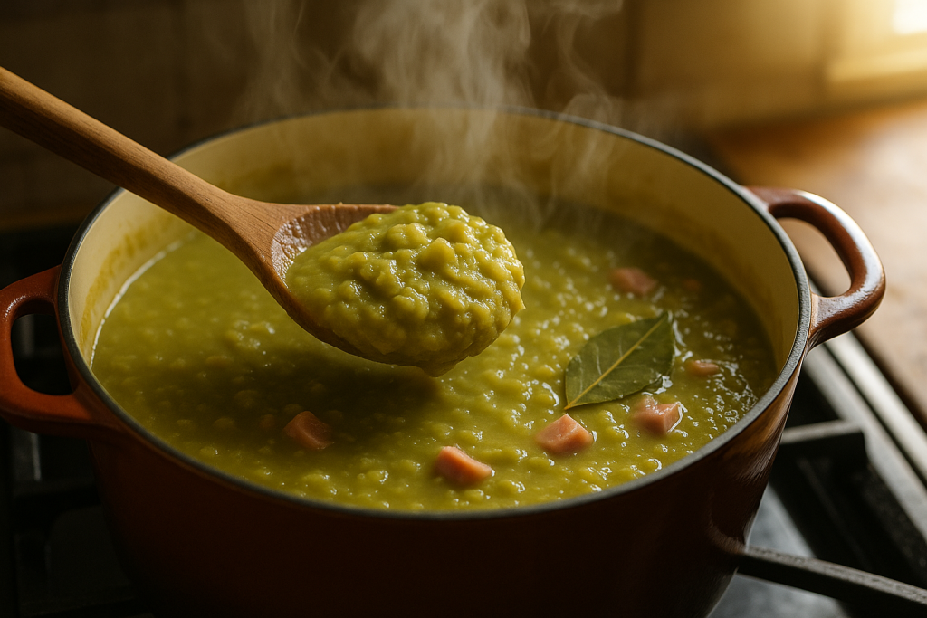 Wooden spoon lifting thick split pea soup from a heavy pot on the stove