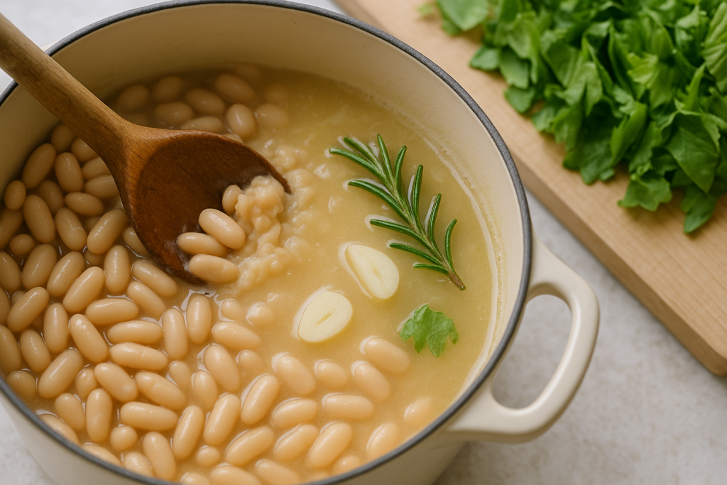 Beans mashed against the side of a pot to thicken white bean soup