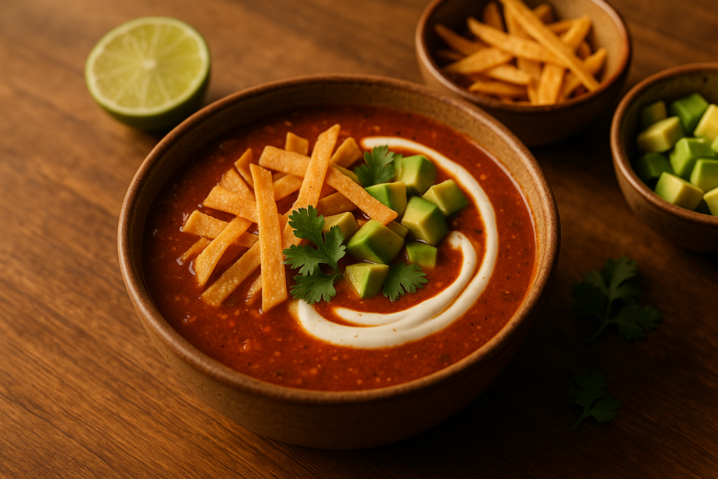 Bowl of tortilla soup topped with crisp tortilla strips, avocado and sour cream