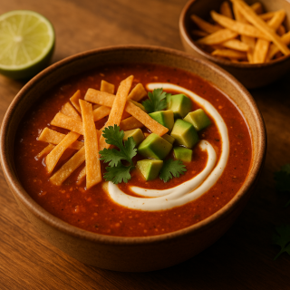 Bowl of tortilla soup topped with crisp tortilla strips, avocado and sour cream