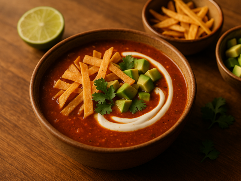Bowl of tortilla soup topped with crisp tortilla strips, avocado and sour cream