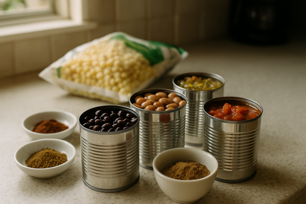 Open cans of beans, tomatoes and green chiles with spices on a kitchen counter