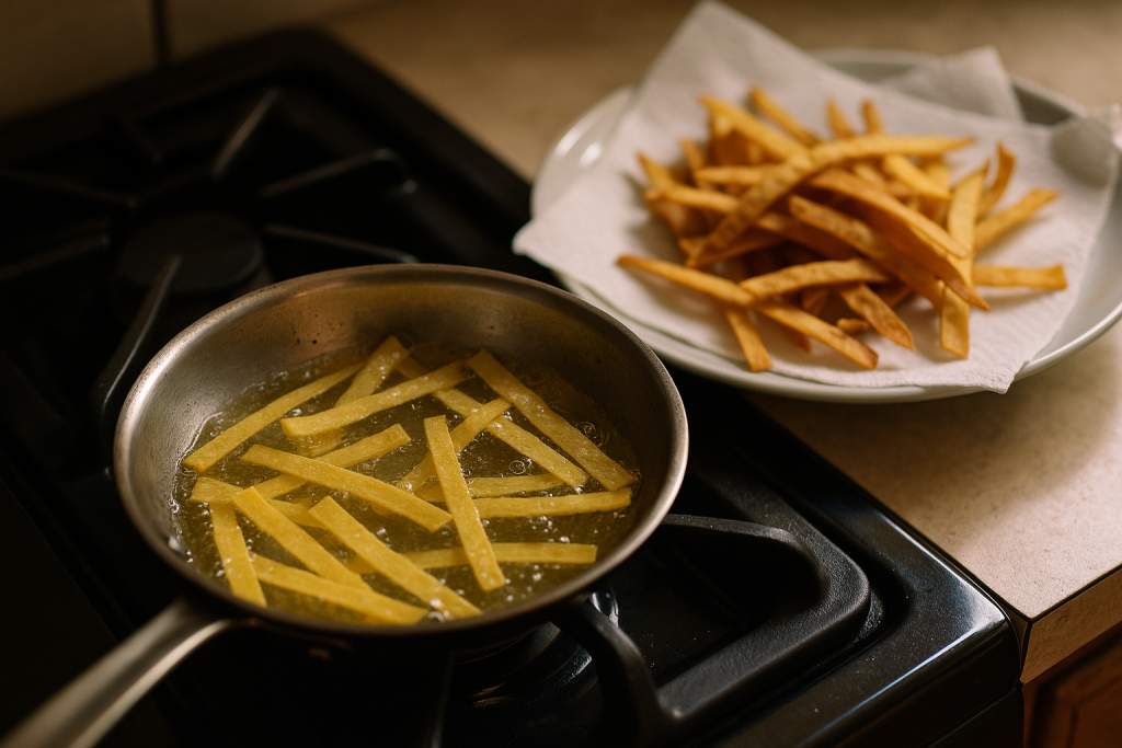 Corn tortilla strips frying to golden in a shallow skillet of oil
